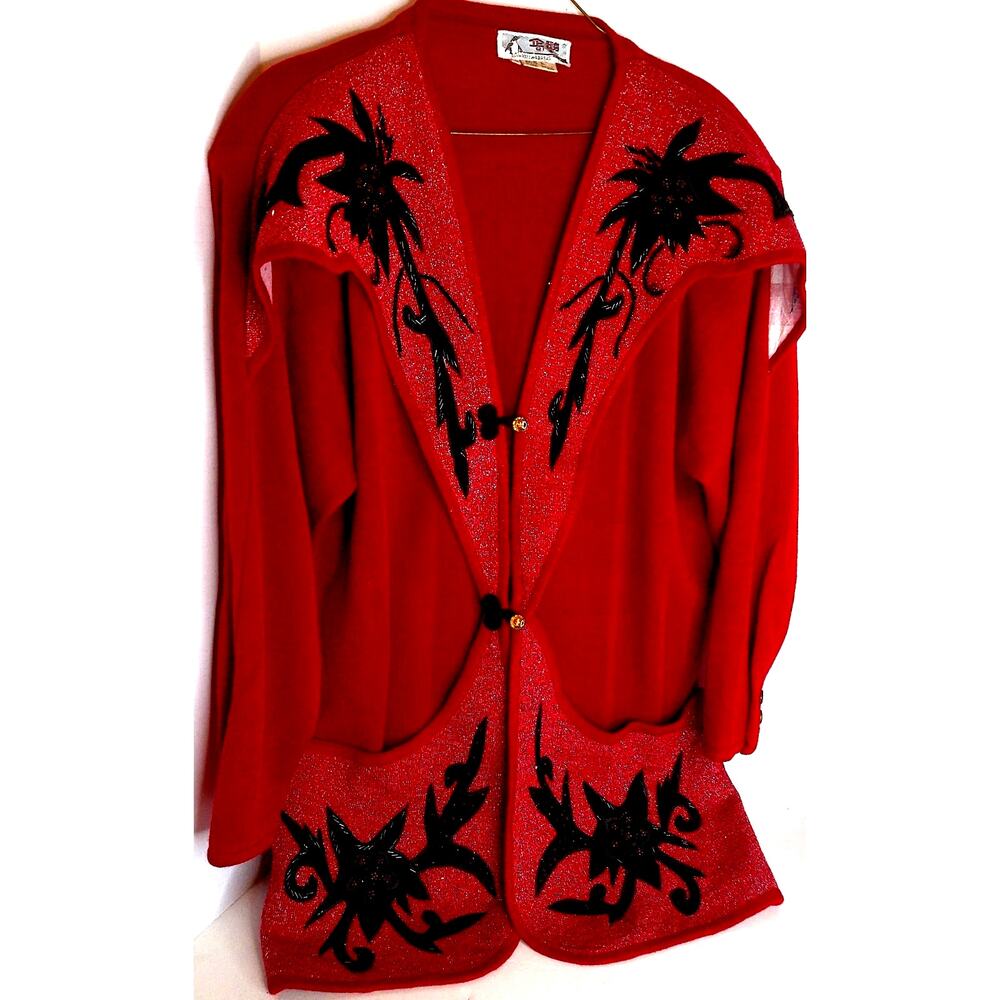 Vtg Red Wool Cardigan Abstract Maximalist Mob Wife Beaded Applique Jacket Large